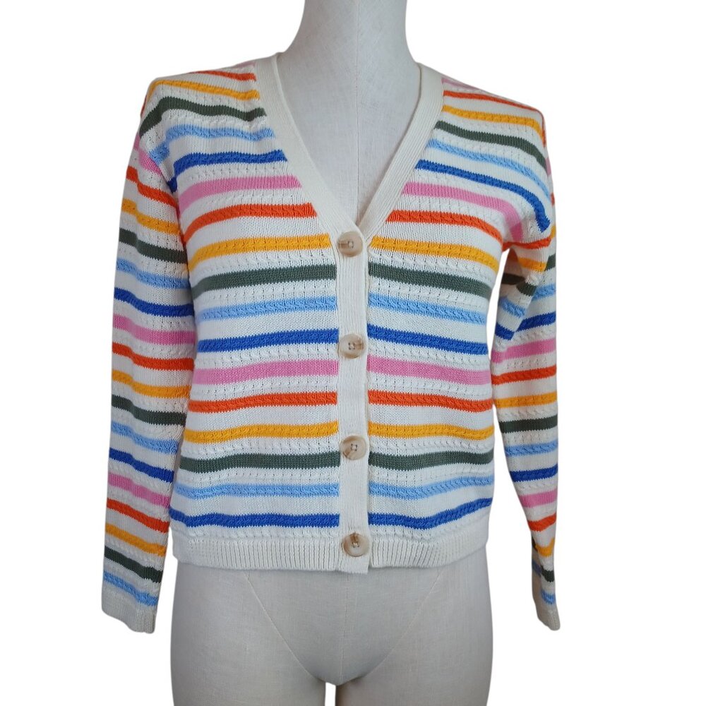 Talbots Sweater Multi Stripe Cardigan V Neck Button‎ Front Womens Petite